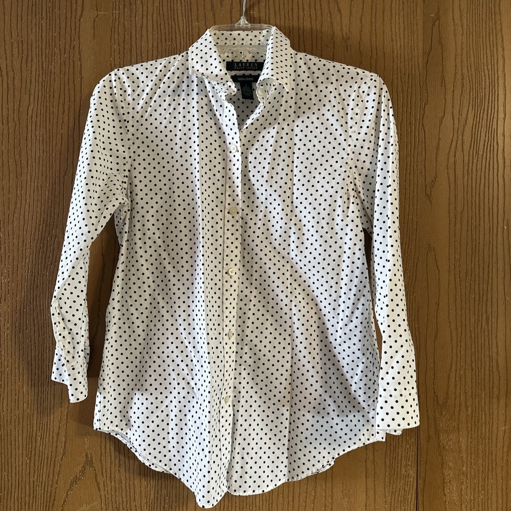 Lauren Ralph Lauren Women Button Up Shirt White Black Polka Dots S Non-iron